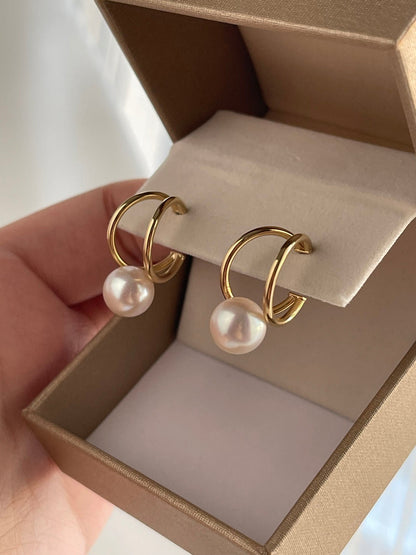 Rare Size 9mm Japanese Akoya Seawater Pearl Double Hoop Earrings, 18K Solid Yellow Gold - KOKOPEARLJEWELRY - 5