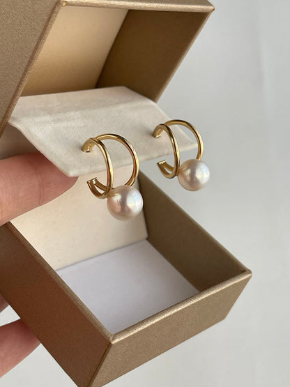 Rare Size 9mm Japanese Akoya Seawater Pearl Double Hoop Earrings, 18K Solid Yellow Gold - KOKOPEARLJEWELRY - 6