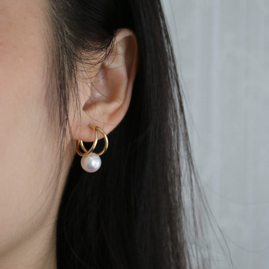 Rare Size 9mm Japanese Akoya Seawater Pearl Double Hoop Earrings, 18K Solid Yellow Gold - KOKOPEARLJEWELRY - 1