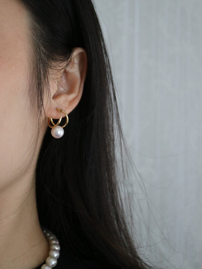 Rare Size 9mm Japanese Akoya Seawater Pearl Double Hoop Earrings, 18K Solid Yellow Gold - KOKOPEARLJEWELRY - 1