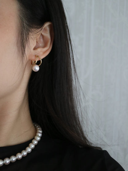 Rare Size 9mm Japanese Akoya Seawater Pearl Double Hoop Earrings, 18K Solid Yellow Gold - KOKOPEARLJEWELRY - 2