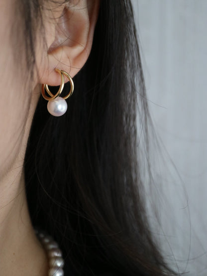 Rare Size 9mm Japanese Akoya Seawater Pearl Double Hoop Earrings, 18K Solid Yellow Gold - KOKOPEARLJEWELRY - 3