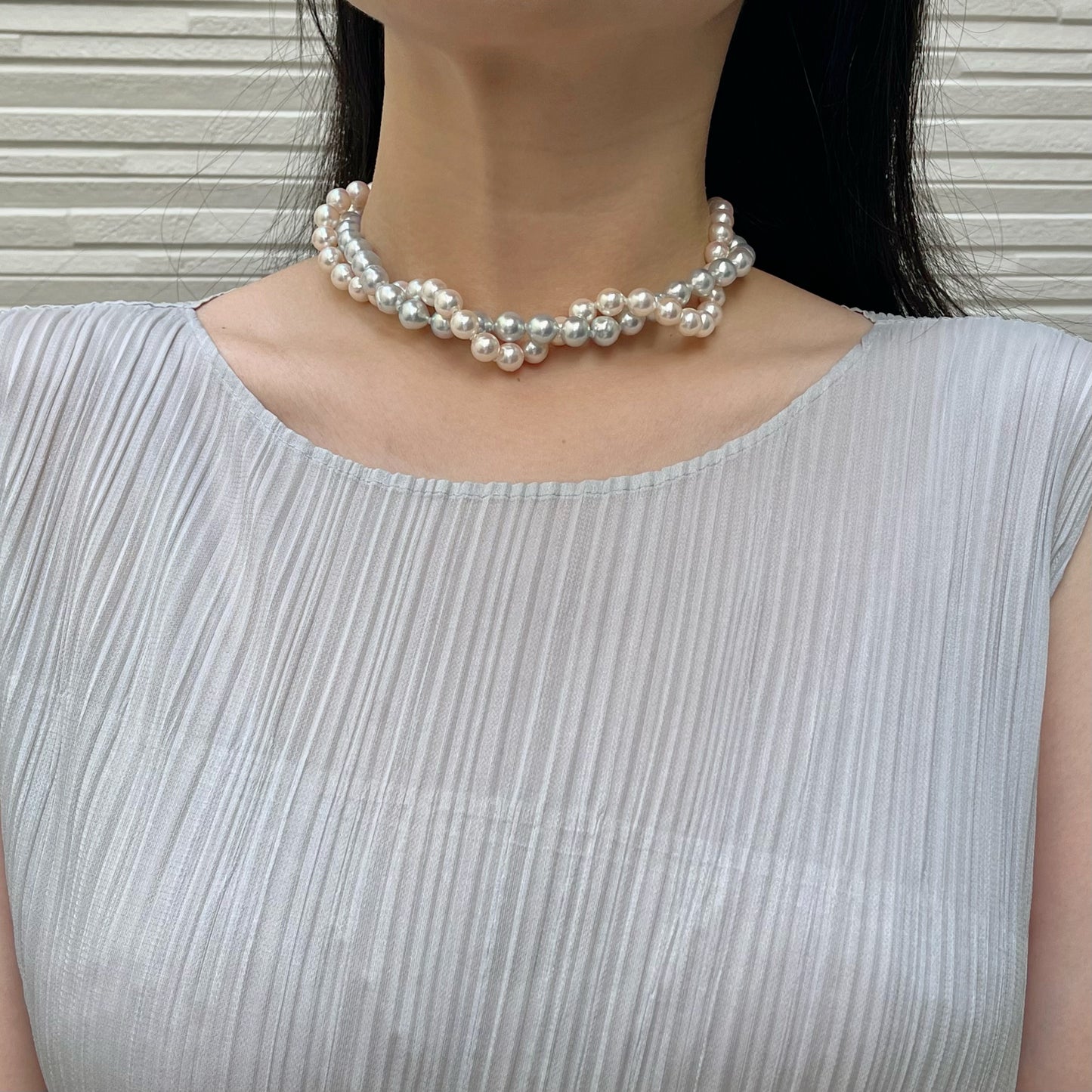 Certified Natural Silver Blue & White Color 8.5mm Baroque Shaped Akoya Pearl Long Necklace