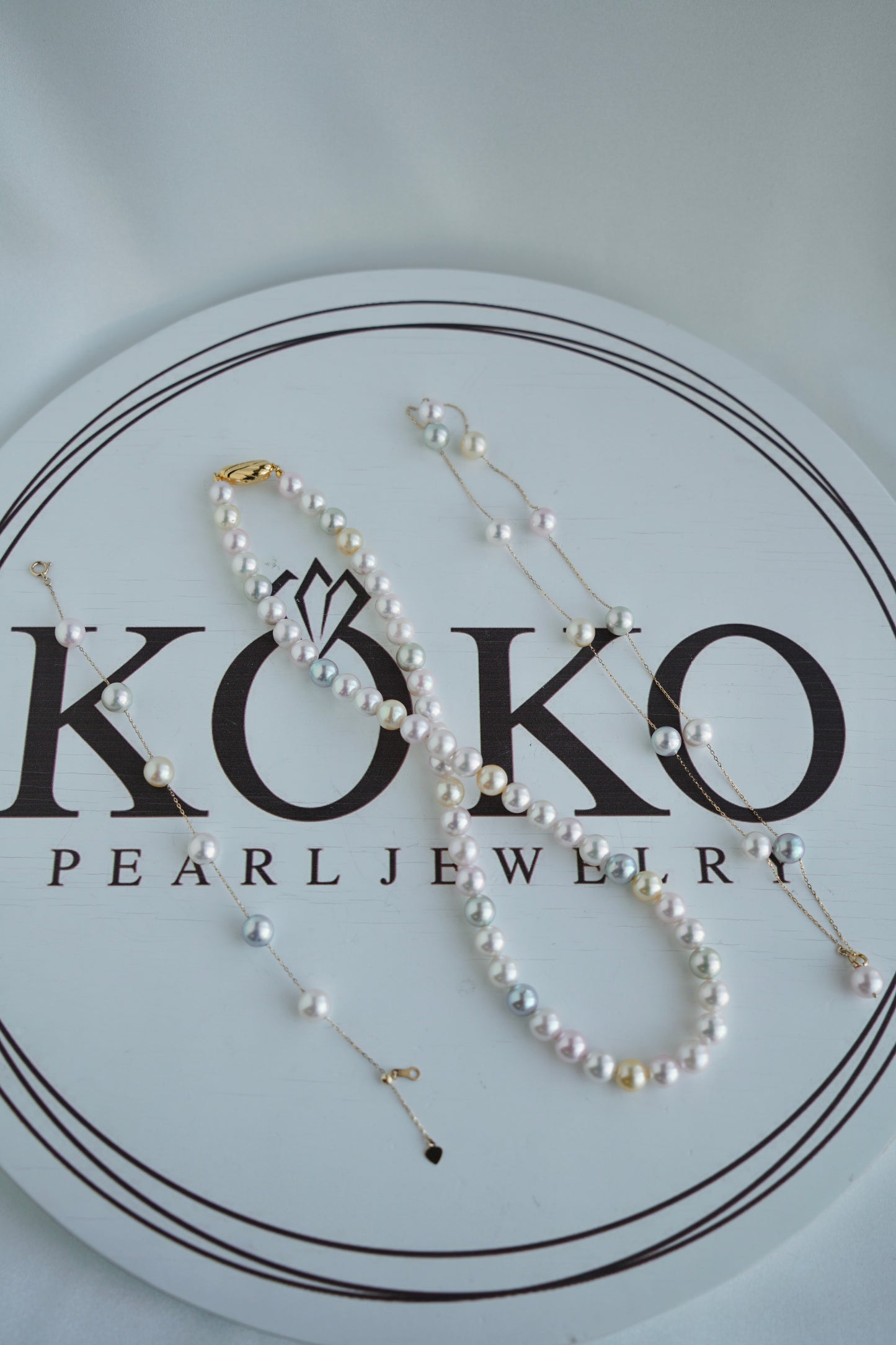 Rainbow Color 7.5mm Akoya Pearl Station Necklace 18K Gold