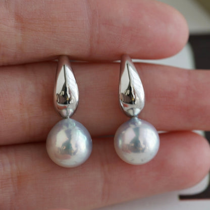 Rare Large 9mm Natural Silver Blue Akoya Pearl Drop Earrings K10 K18 White Gold