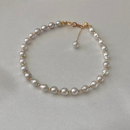 내추럴 실버 블루 바로크 아코야 진주 비드 팔찌 K18YG
