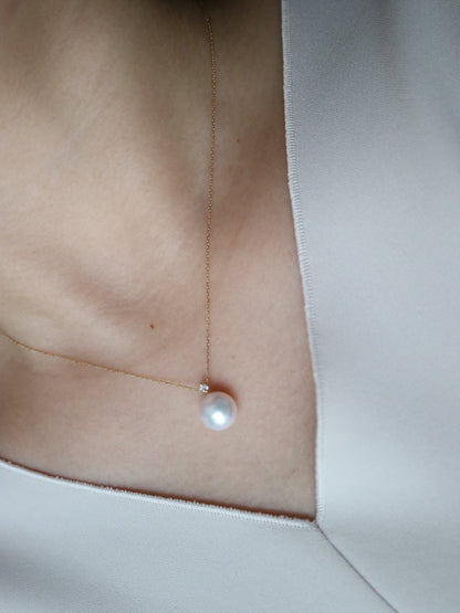 Rare Size 9mm Akoya Pearl 0.03ct Diamond Pendant Necklace 18K Yellow Gold - KOKOPEARLJEWELRY - 3