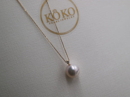 Rare Size 9mm Akoya Pearl 0.03ct Diamond Pendant Necklace 18K Yellow Gold - KOKOPEARLJEWELRY - 10