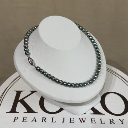 Peacock Green 7mm Japanese Akoya Pearl Beaded Necklace
