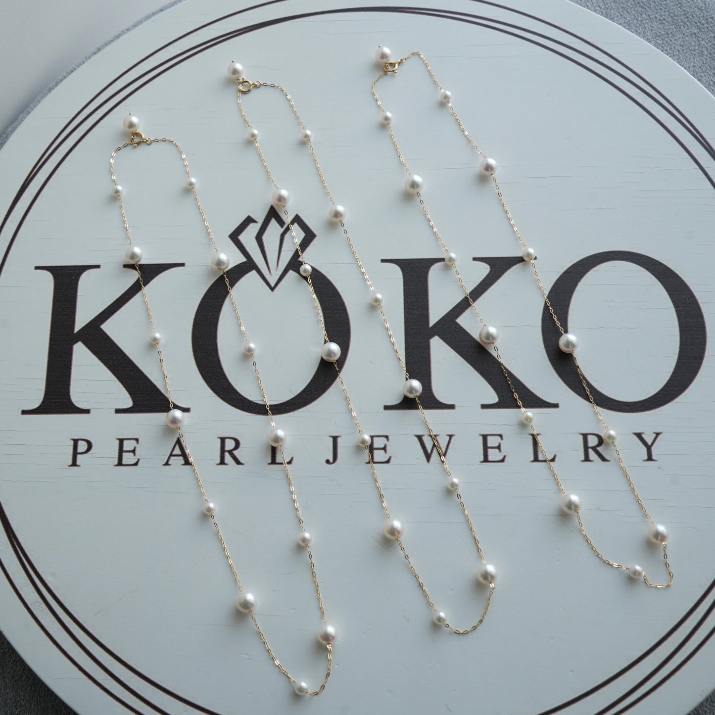4+6.5mm Two Sizes Akoya Pearl Station Necklace 18K Yellow Gold