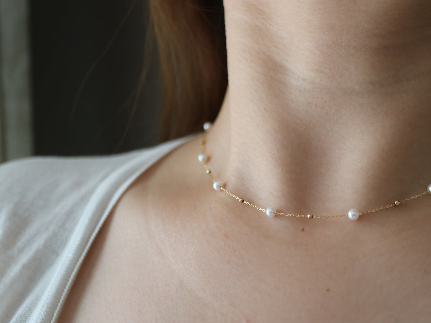 4.5mm Akoya Pearl & 18K Gold Beads Station Necklace