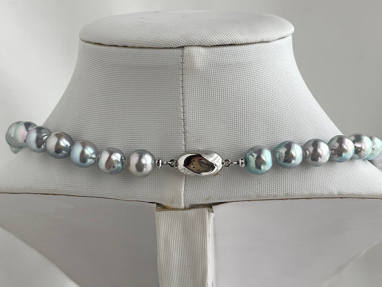 Certified 8.5mm Natural Silver Blue Tone Baroque Shaped Akoya Pearl Strand Necklace