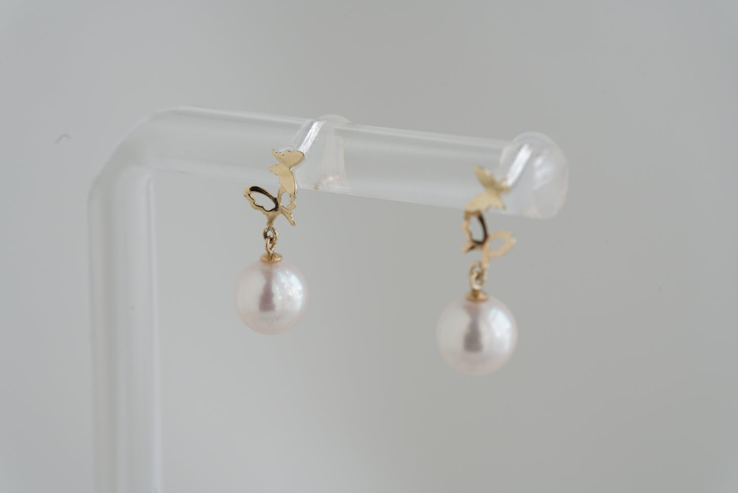 6.5mm Akoya Pearl Butterfly Shaped Dangle Drop Earrings 10K Gold