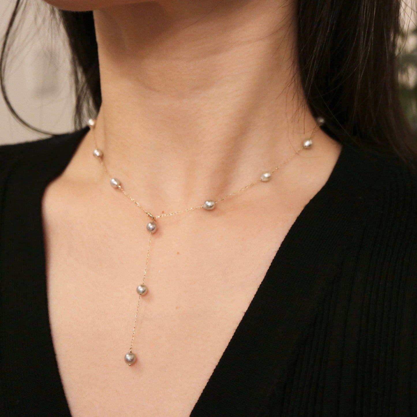 Natural Silver Blue Baroque Akoya Pearl Station Necklace 10K Yellow Gold