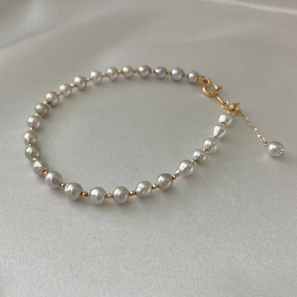 내추럴 실버 블루 바로크 아코야 진주 비드 팔찌 K18YG