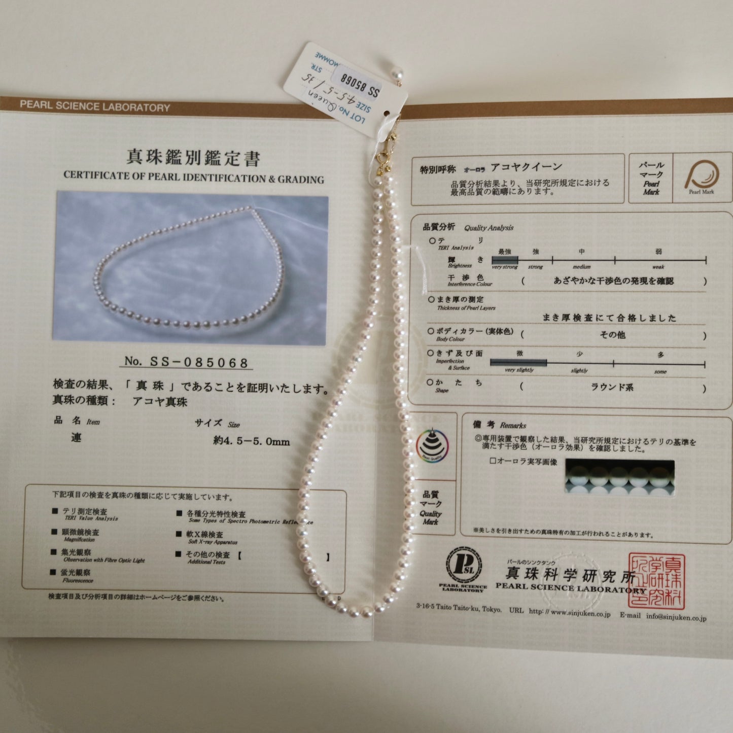 PSL 인증 Aurora Akoya 퀸 4.5mm 아코야 진주 비즈 목걸이 18KYG