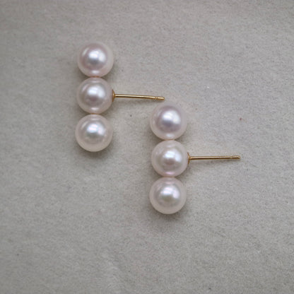 7mm Triple Akoya Pearl Bar Stud Earrings