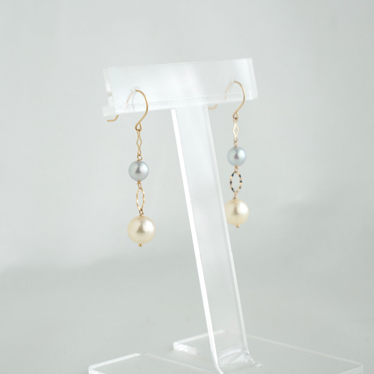 Two-Color Akoya Pearl Dangle Hook Earrings | 18K Yellow Gold
