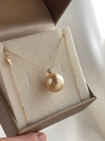 11mm Golden South Sea Pearl Diamond Pendant Necklace 18K Yellow Gold - KOKOPEARLJEWELRY - 11