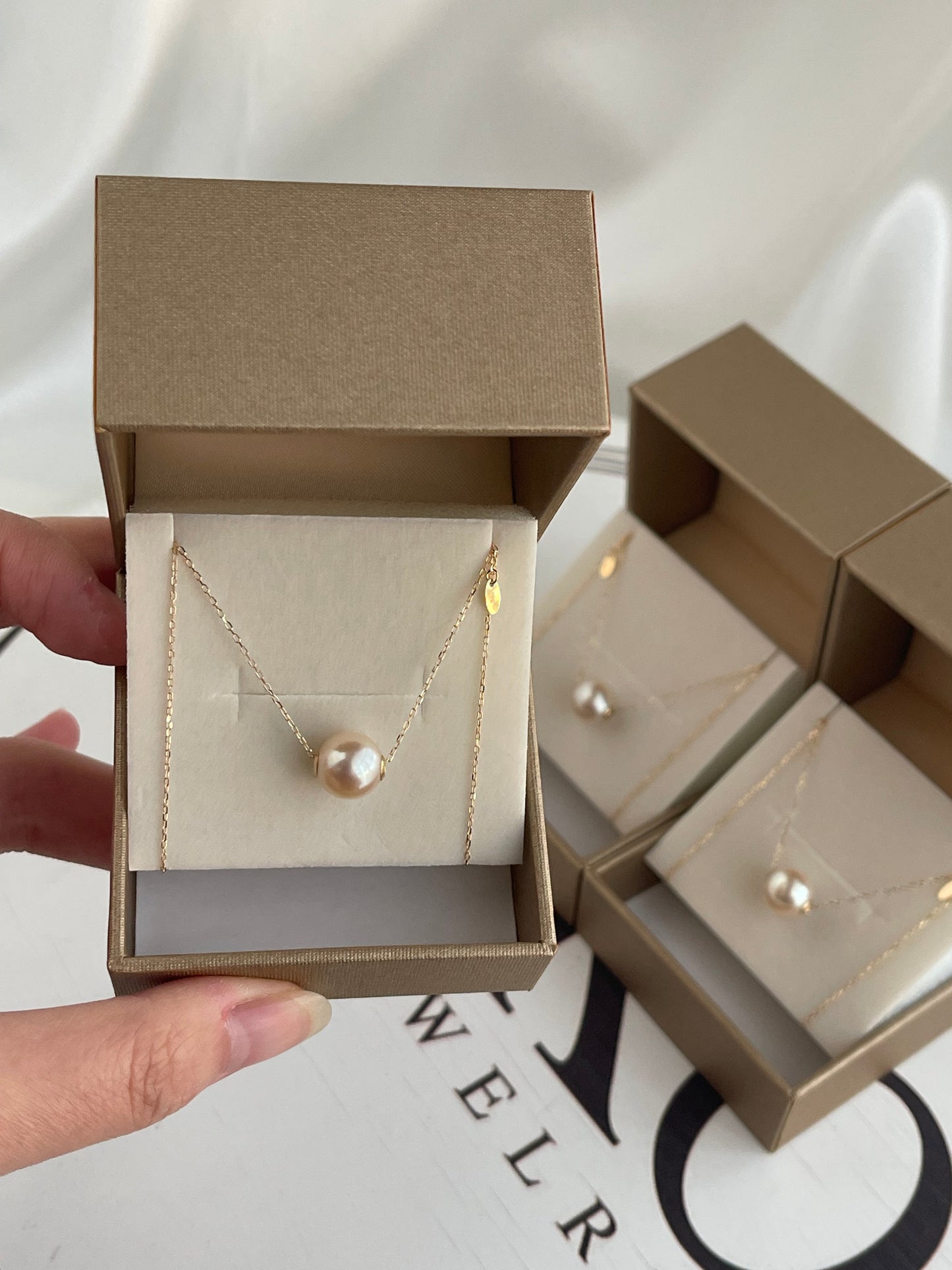 Rare Size Cream Golden 9.0mm Akoya Pearl Floating Pendant Necklace 18K Yellow Gold