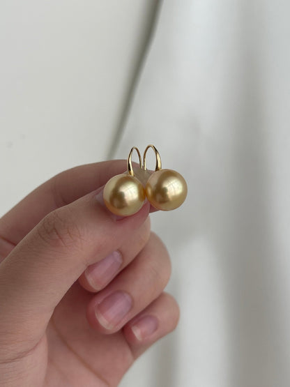 10mm Golden South Sea Pearl Drop Hook Earrings 18K Yellow Gold - KOKOPEARLJEWELRY - 6