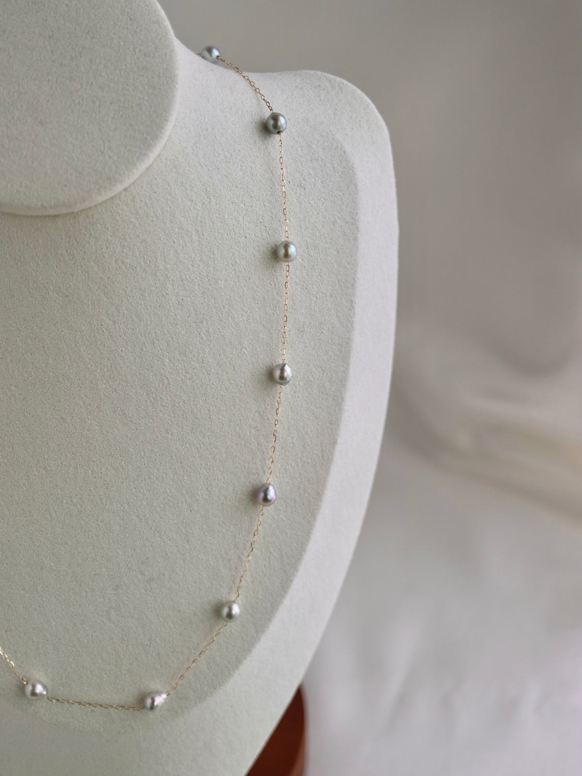 Natural Silver Blue Baroque Akoya Pearl Station Necklace 10K Yellow Gold