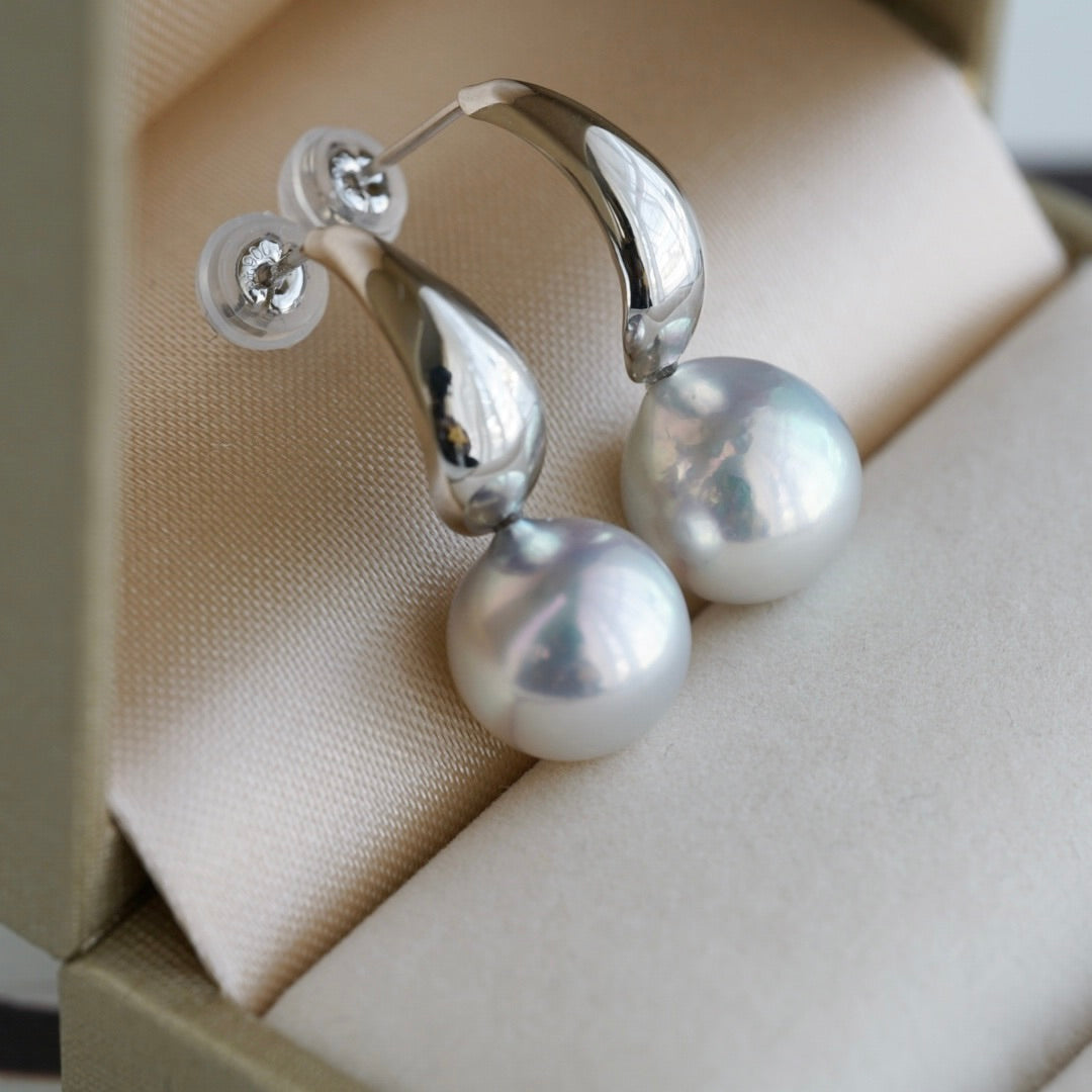 Rare Large 9mm Natural Silver Blue Akoya Pearl Drop Earrings K10 K18 White Gold