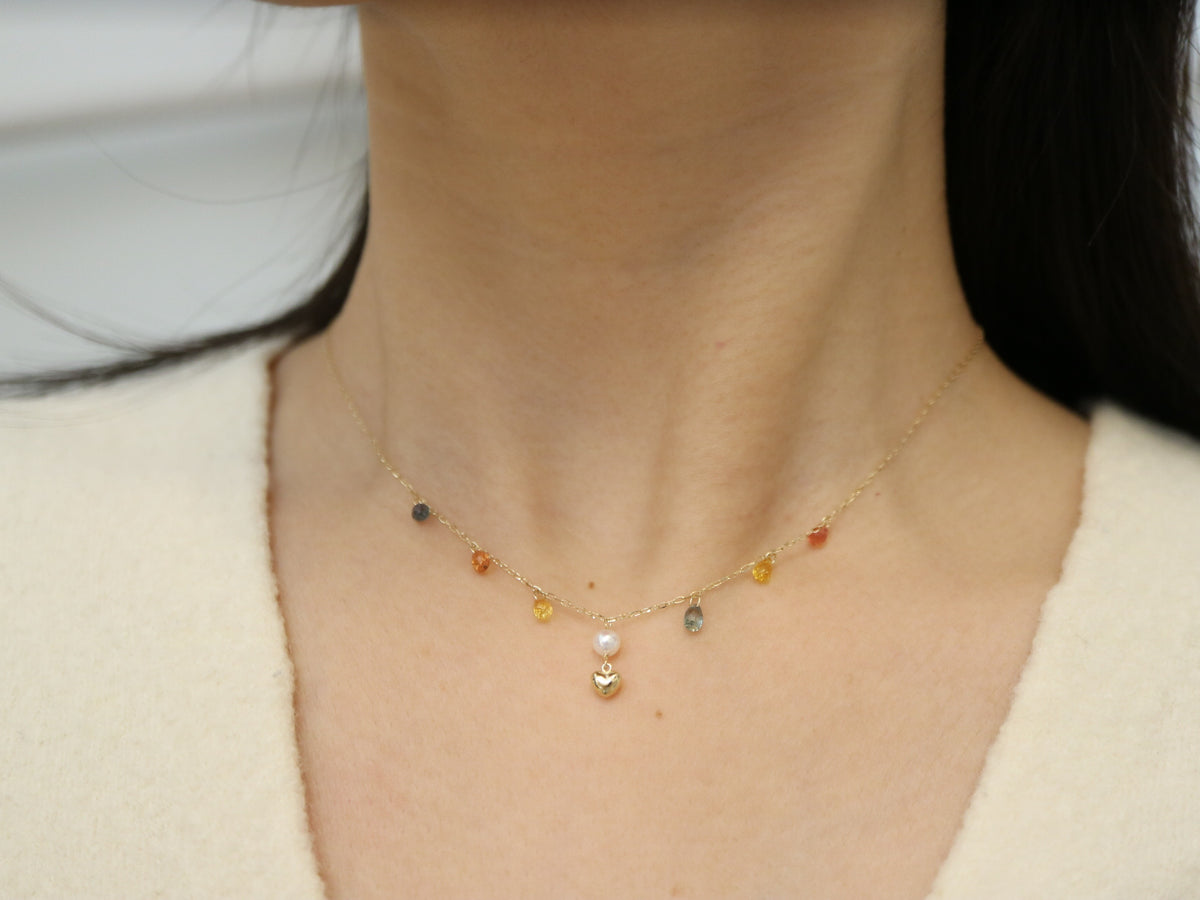 Gold Heart Akoya Pearl Pendant Mixed Color Sapphire Station Necklace 10K Gold