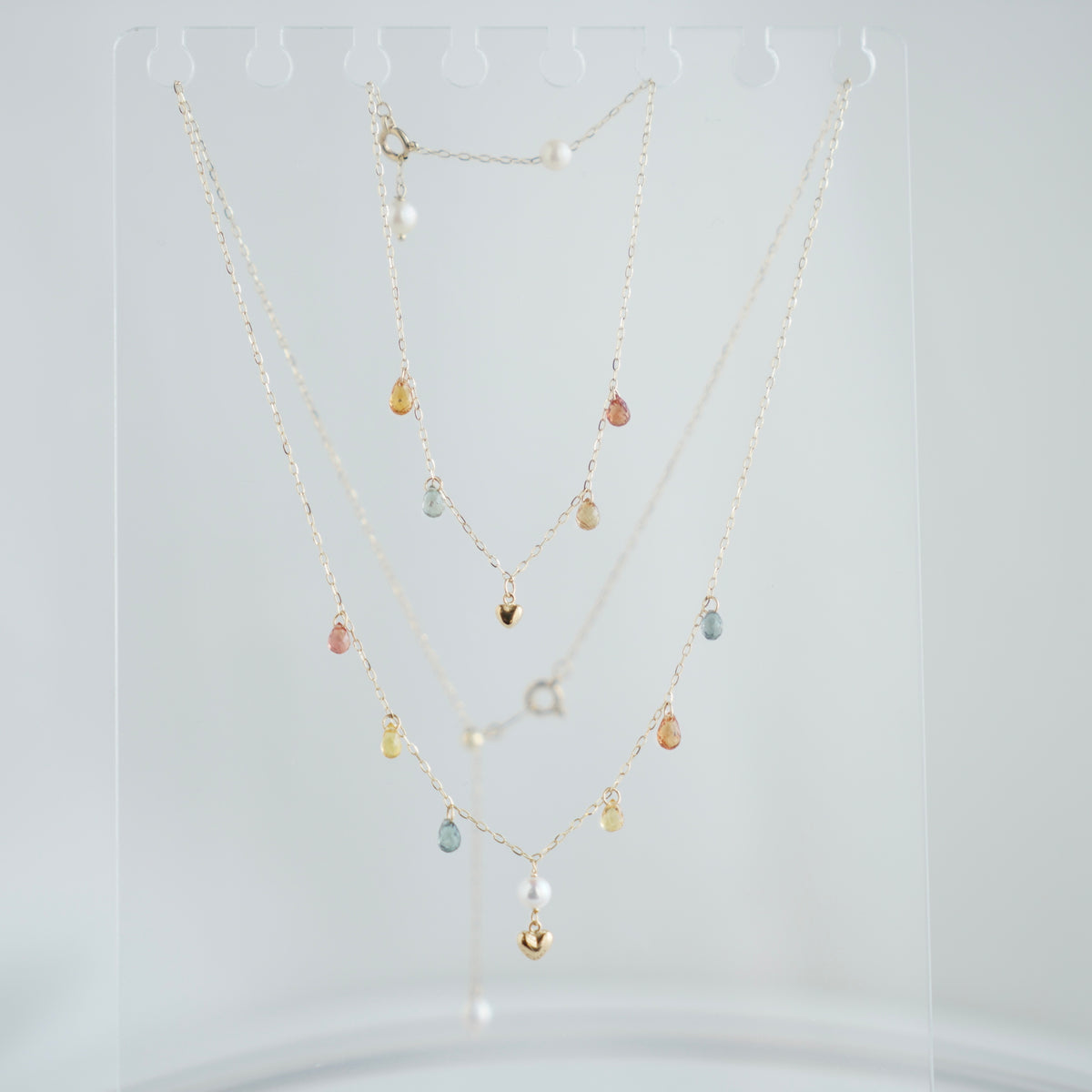 Gold Heart Akoya Pearl Pendant Mixed Color Sapphire Station Necklace 10K Gold