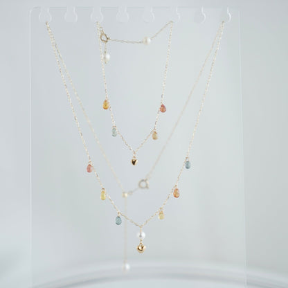 Gold Heart Akoya Pearl Pendant Mixed Color Sapphire Station Necklace 10K Gold - KOKOPEARLJEWELRY - 7