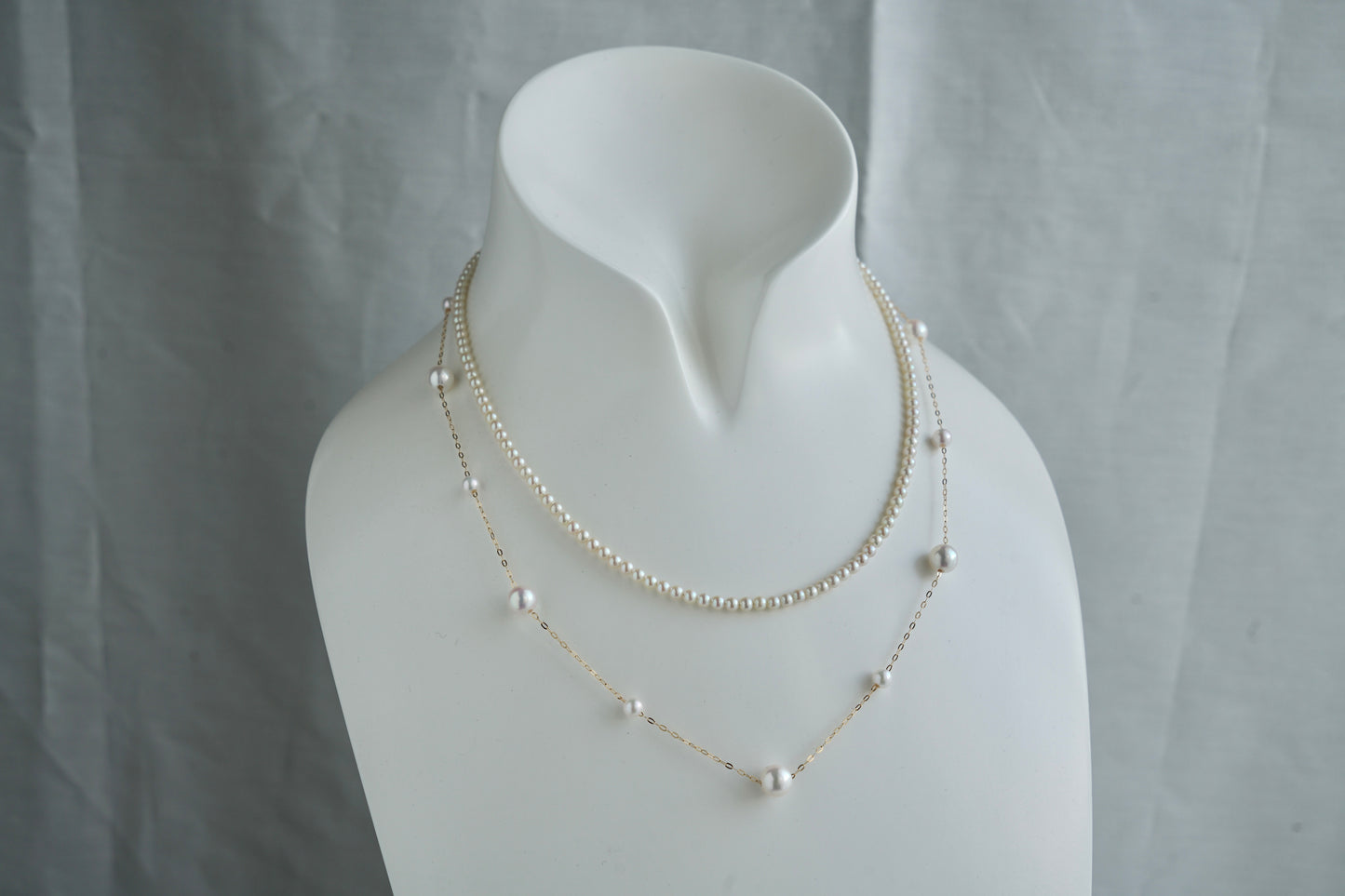 4+6.5mm Two Sizes Akoya Pearl Station Necklace 18K Yellow Gold