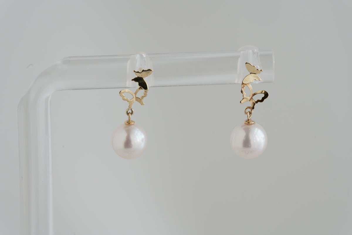6.5mm Akoya Pearl Butterfly Shaped Dangle Drop Earrings 10K Gold