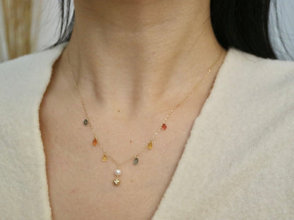 Gold Heart Akoya Pearl Pendant Mixed Color Sapphire Station Necklace 10K Gold - KOKOPEARLJEWELRY - 5