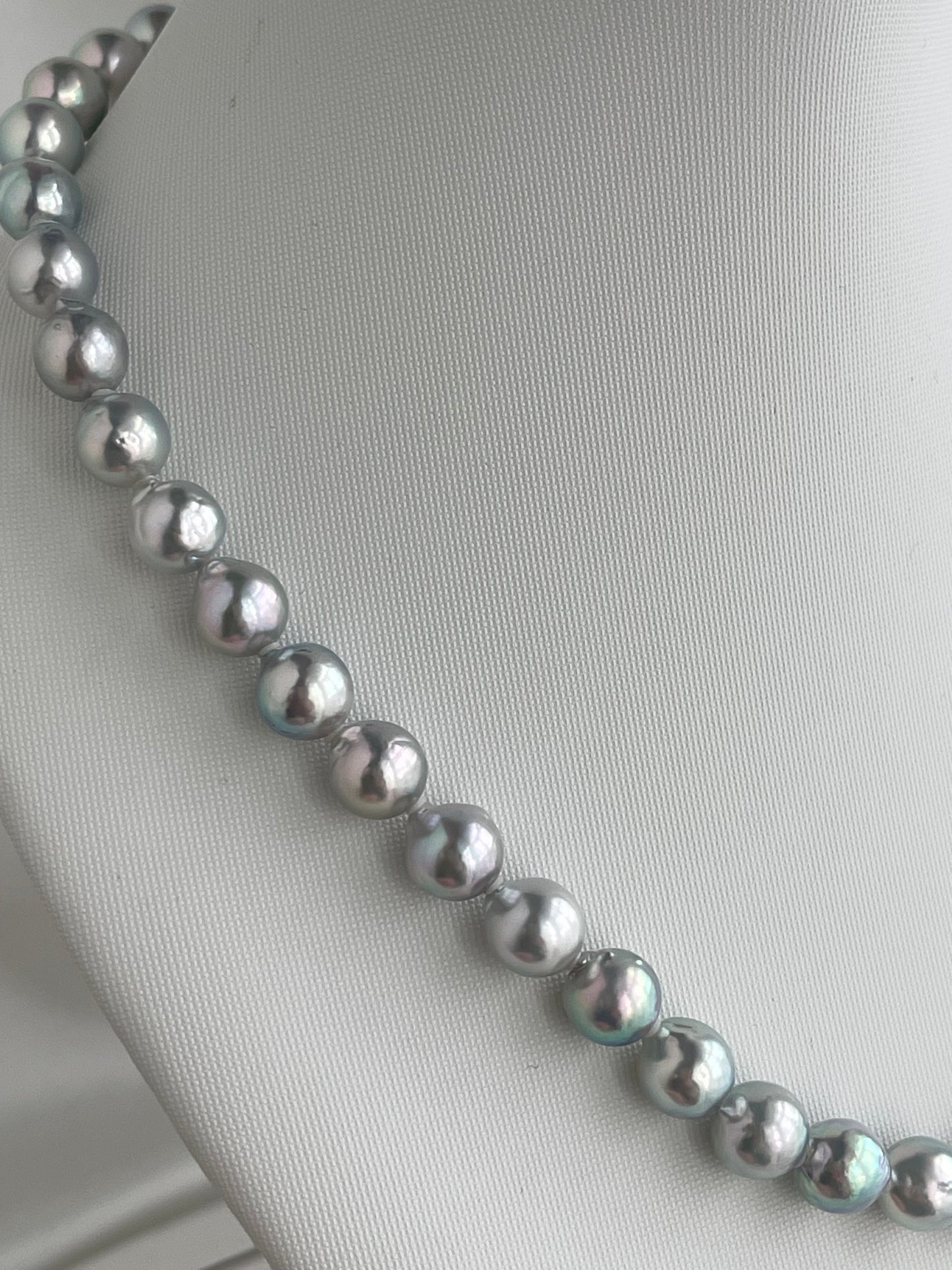Certified 8.5mm Natural Silver Blue Tone Baroque Shaped Akoya Pearl Strand Necklace