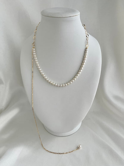 4.5mm Akoya Pearl ＆ 18K Gold Paperclip Link Chain Long Necklace - KOKOPEARLJEWELRY - 12