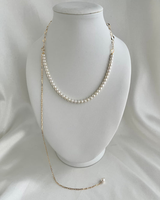 4.5mm Akoya Pearl ＆ 18K Gold Paperclip Link Chain Long Necklace