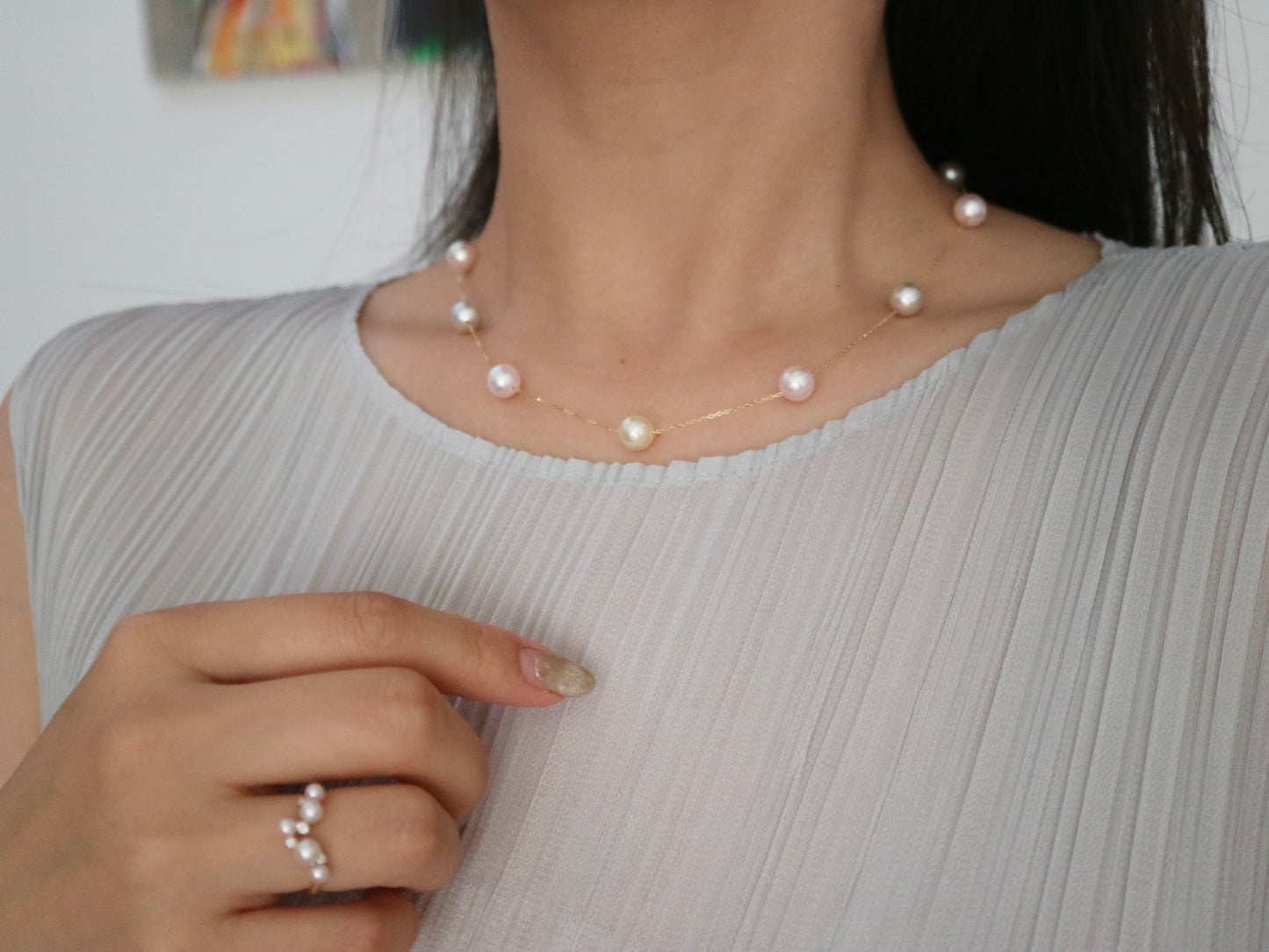Rainbow Color 7.5mm Akoya Pearl Station Necklace 18K Gold