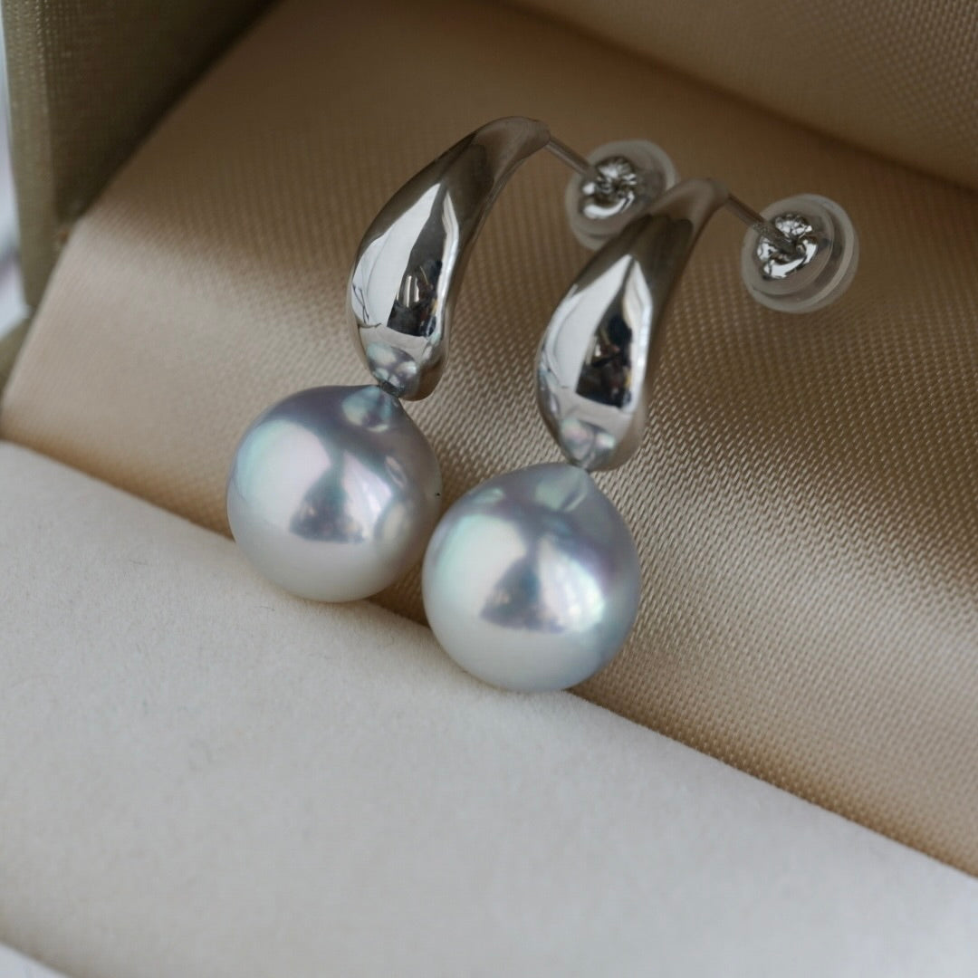 Rare Large 9mm Natural Silver Blue Akoya Pearl Drop Earrings K10 K18 White Gold
