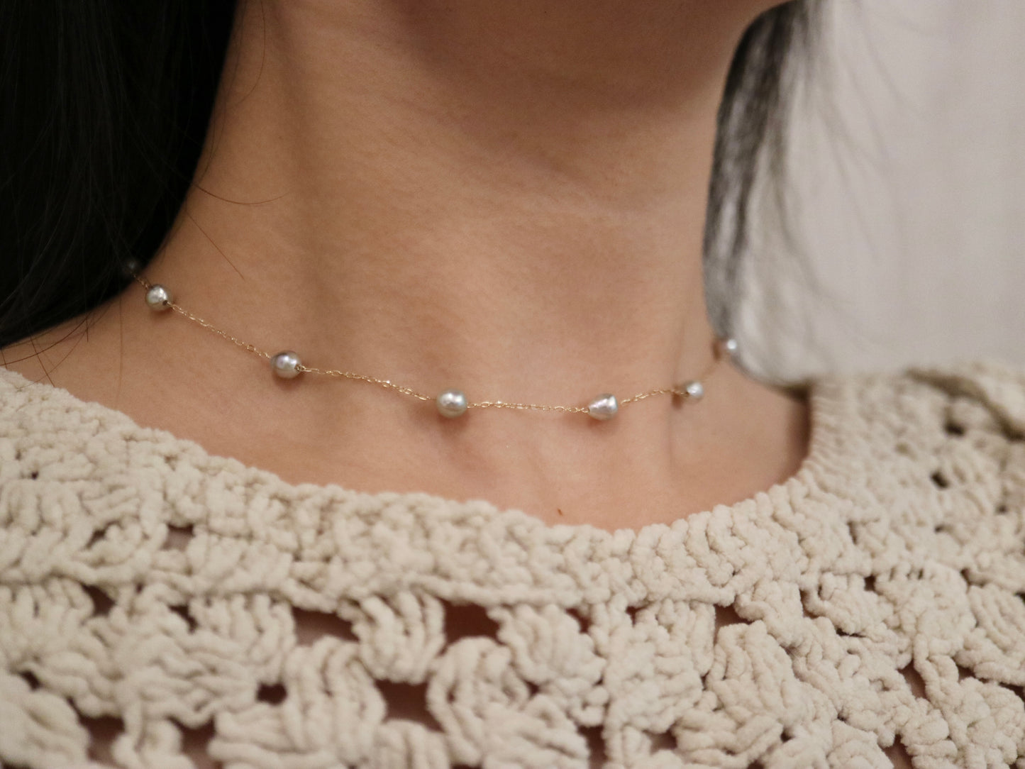 Natural Silver Blue Baroque Akoya Pearl Station Necklace 10K Yellow Gold