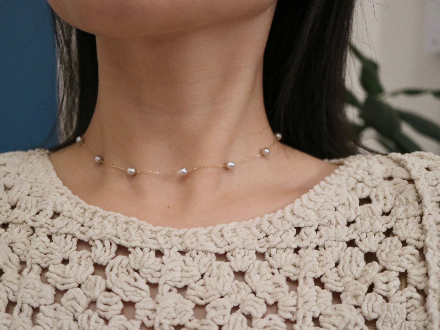 Natural Silver Blue Baroque Akoya Pearl Station Necklace 10K Yellow Gold