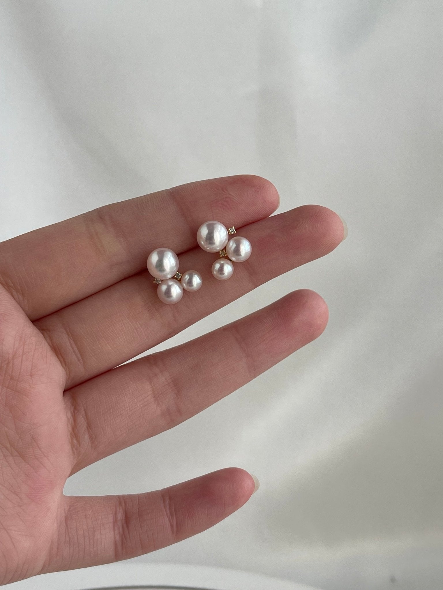Three Akoya Pearl Diamond Stud Earrings 18K Gold - KOKOPEARLJEWELRY - 3