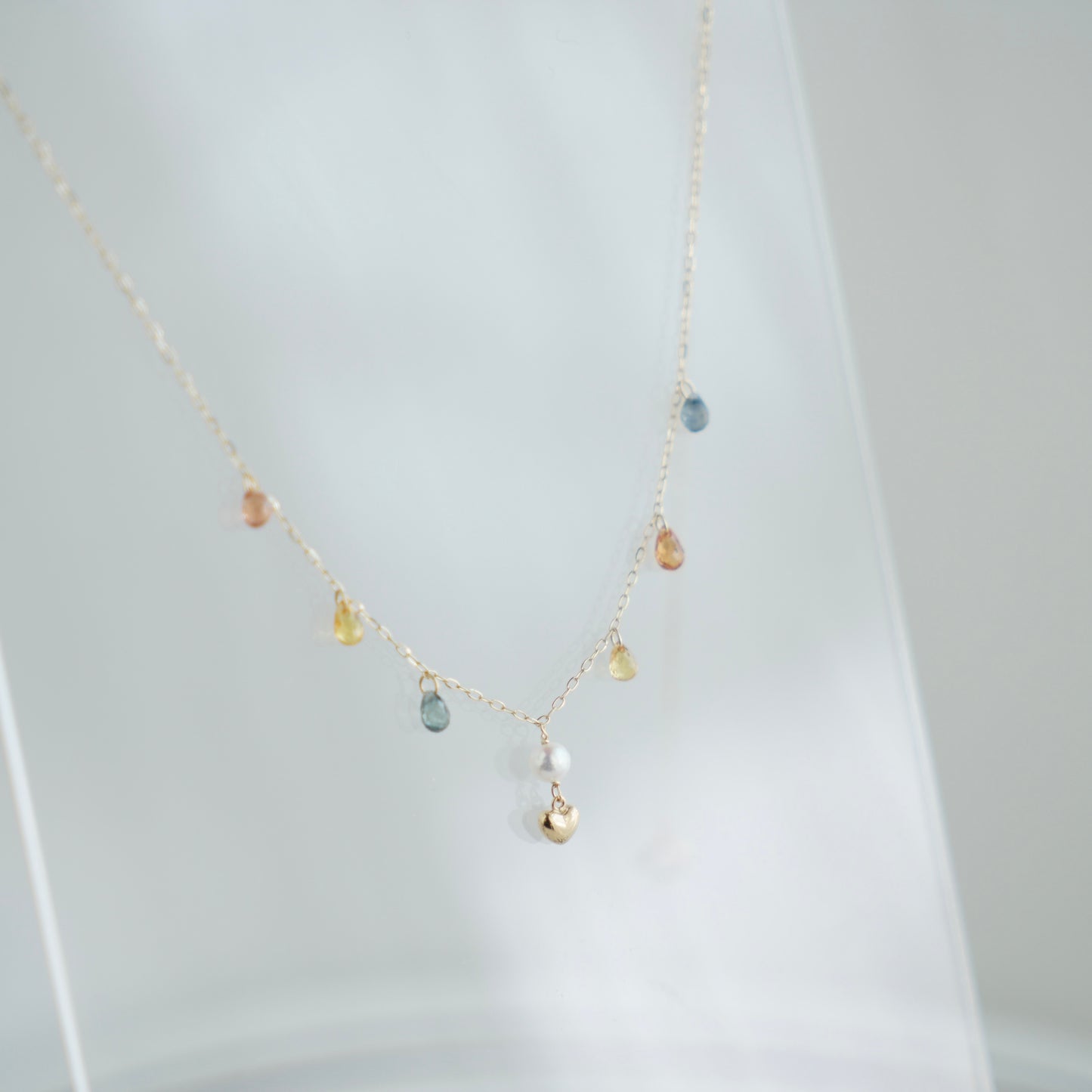 Gold Heart Akoya Pearl Pendant Mixed Color Sapphire Station Necklace 10K Gold