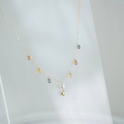Gold Heart Akoya Pearl Pendant Mixed Color Sapphire Station Necklace 10K Gold - KOKOPEARLJEWELRY - 9