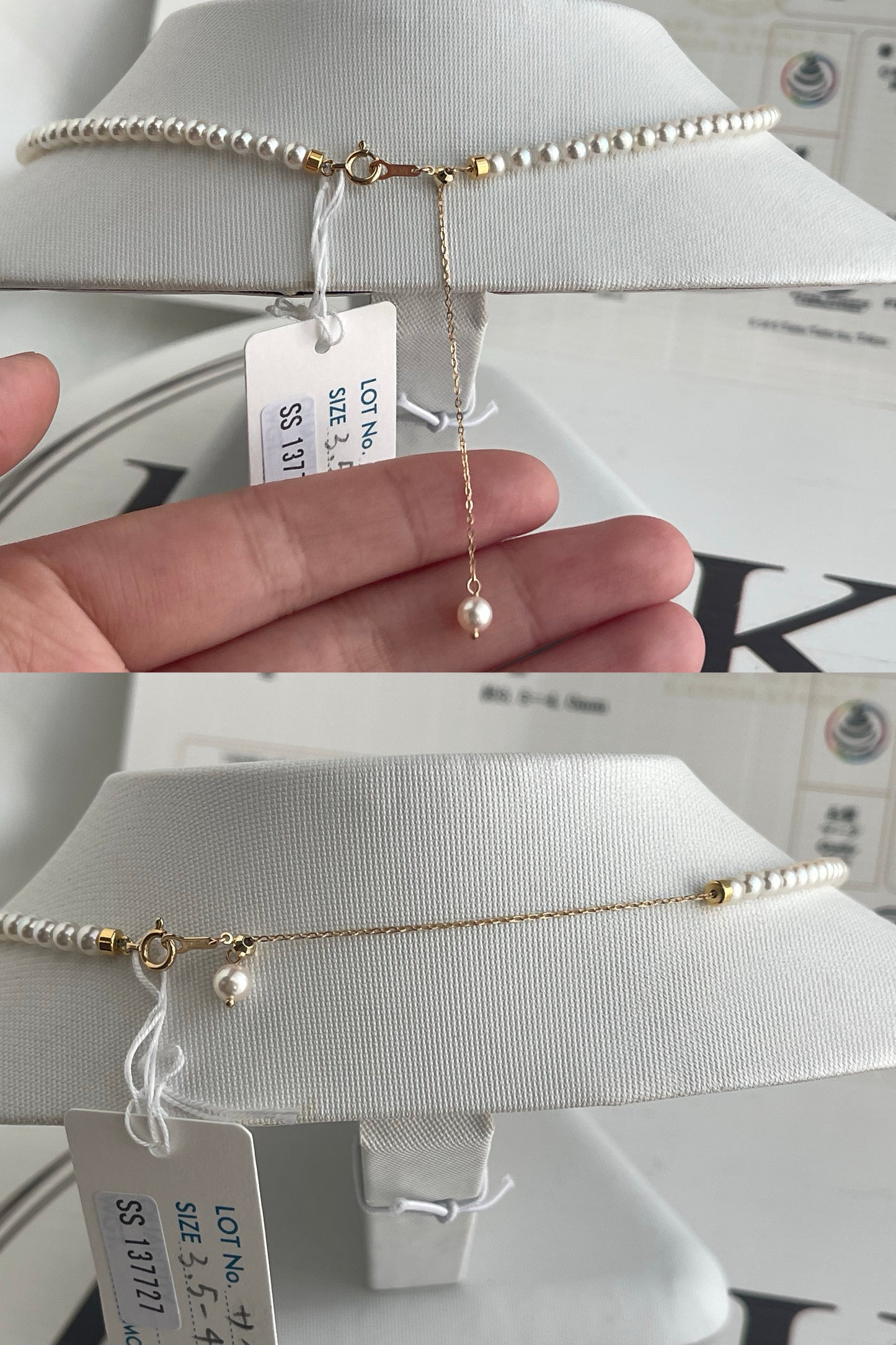 Top Class 3.5-4mm Akoya Pearl Strand Necklace with Aurora Sairin Certificate 18K Gold Adjustable Chain Certified by Pearl Science Laboratory