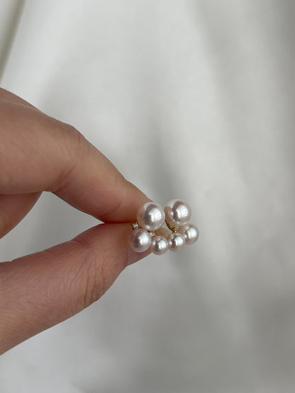 Three Akoya Pearl Diamond Stud Earrings 18K Gold - KOKOPEARLJEWELRY - 7