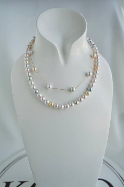 Rainbow Color 7.5mm Akoya Pearl Station Necklace 18K Gold - KOKOPEARLJEWELRY - 8