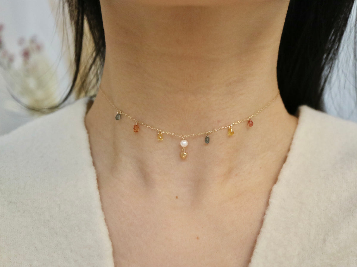 Gold Heart Akoya Pearl Pendant Mixed Color Sapphire Station Necklace 10K Gold