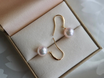 Rare Size 9mm Akoya Pearl Drop Hook Earrings 18K Gold - KOKOPEARLJEWELRY - 3
