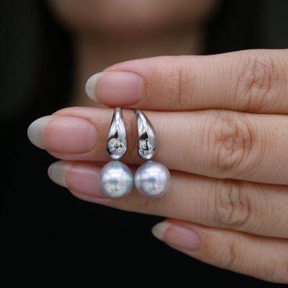 Rare Large 9mm Natural Silver Blue Akoya Pearl Drop Earrings K10 K18 White Gold