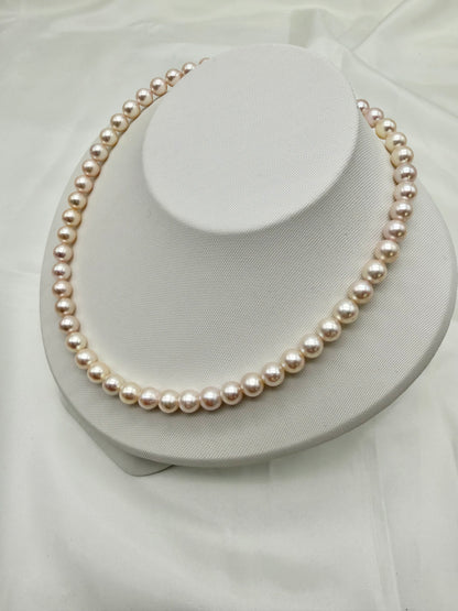 Only One Available | 희귀한 복숭아빛 핑크 7.5mm 아코야 진주 목걸이 골든 플라워 클라스프